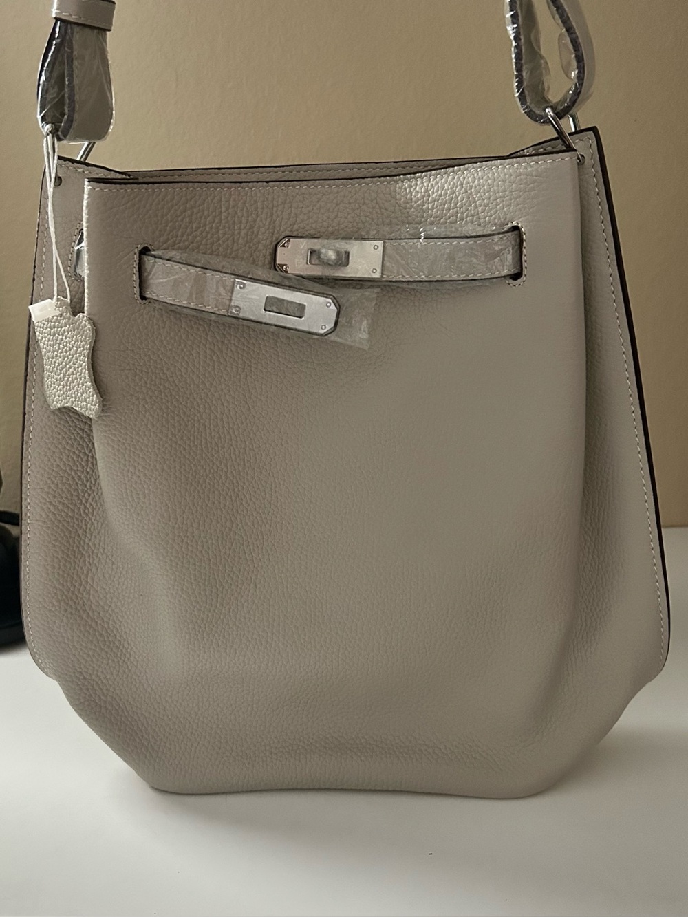 30cm Light Gray Belted Leather Tote/Bucket Bag